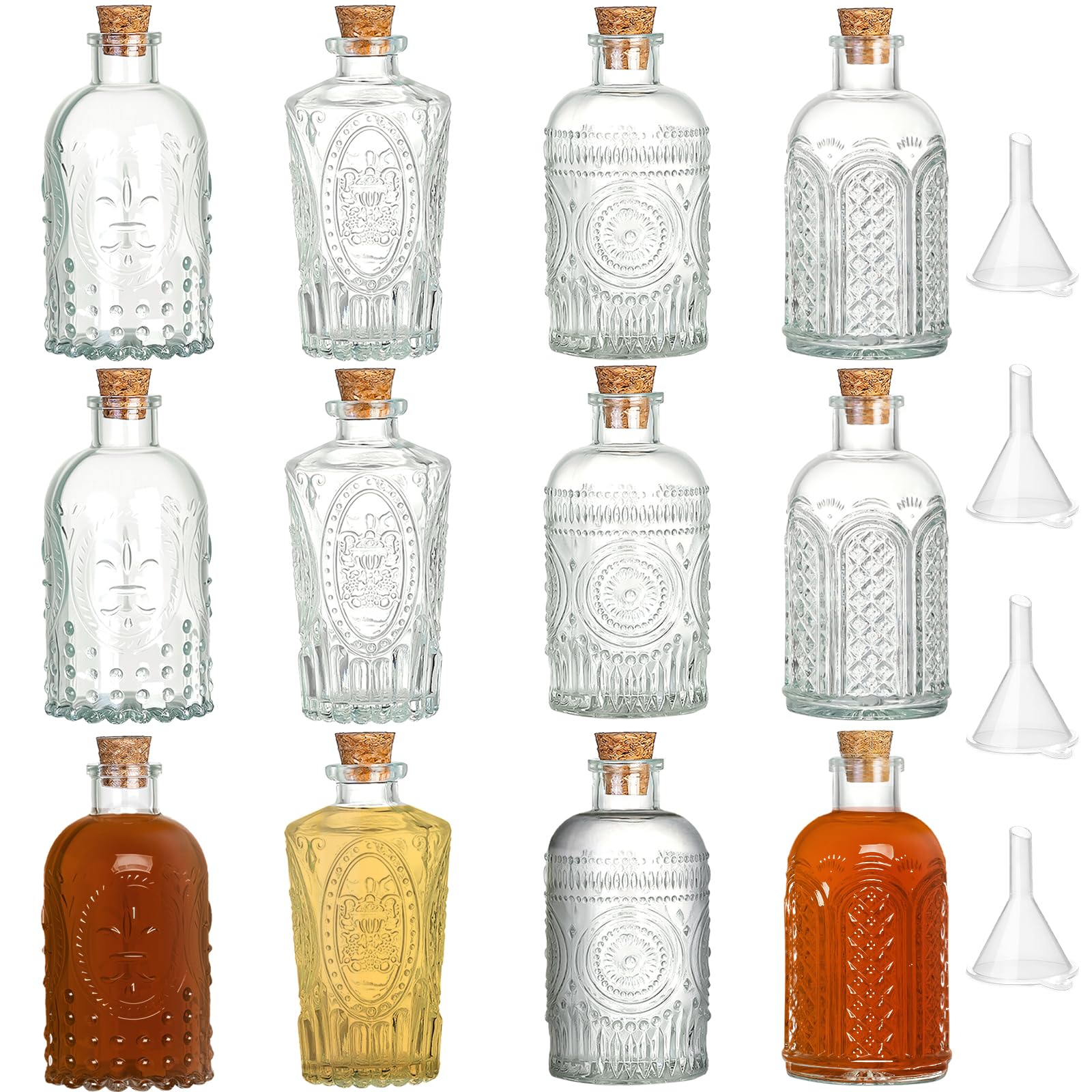 TBWIND 12 Pack 6oz Glass Bottles with Cork Stoppers, 200ml Clear Glass Liquor Bottles with 4 Vintage Patterns, Refillable Whiskey Bottles for Wine, Oil, Vinegar, Kombucha, Wedding Favors